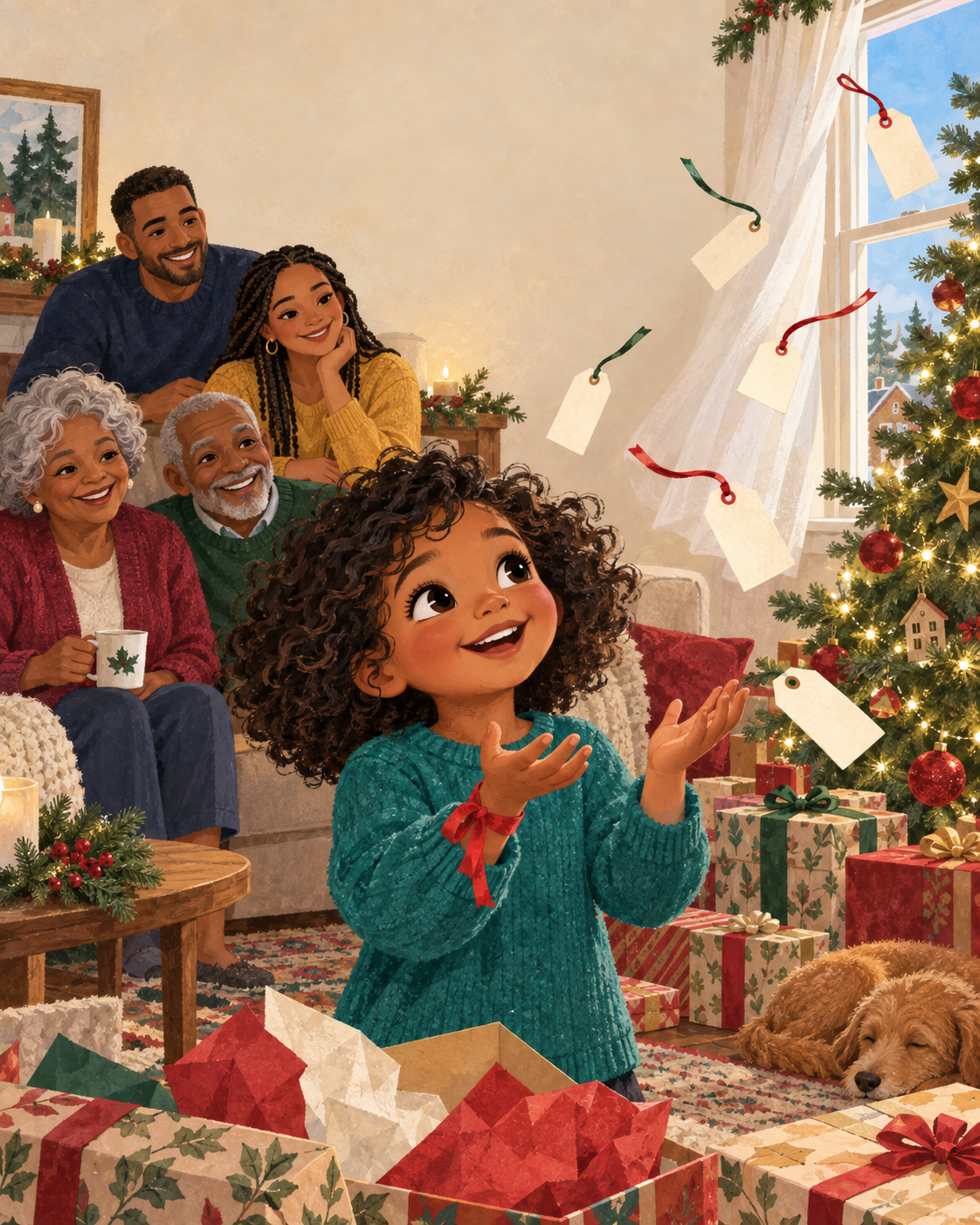 Illustrated Christmas morning with a child watching gift tags float above her family